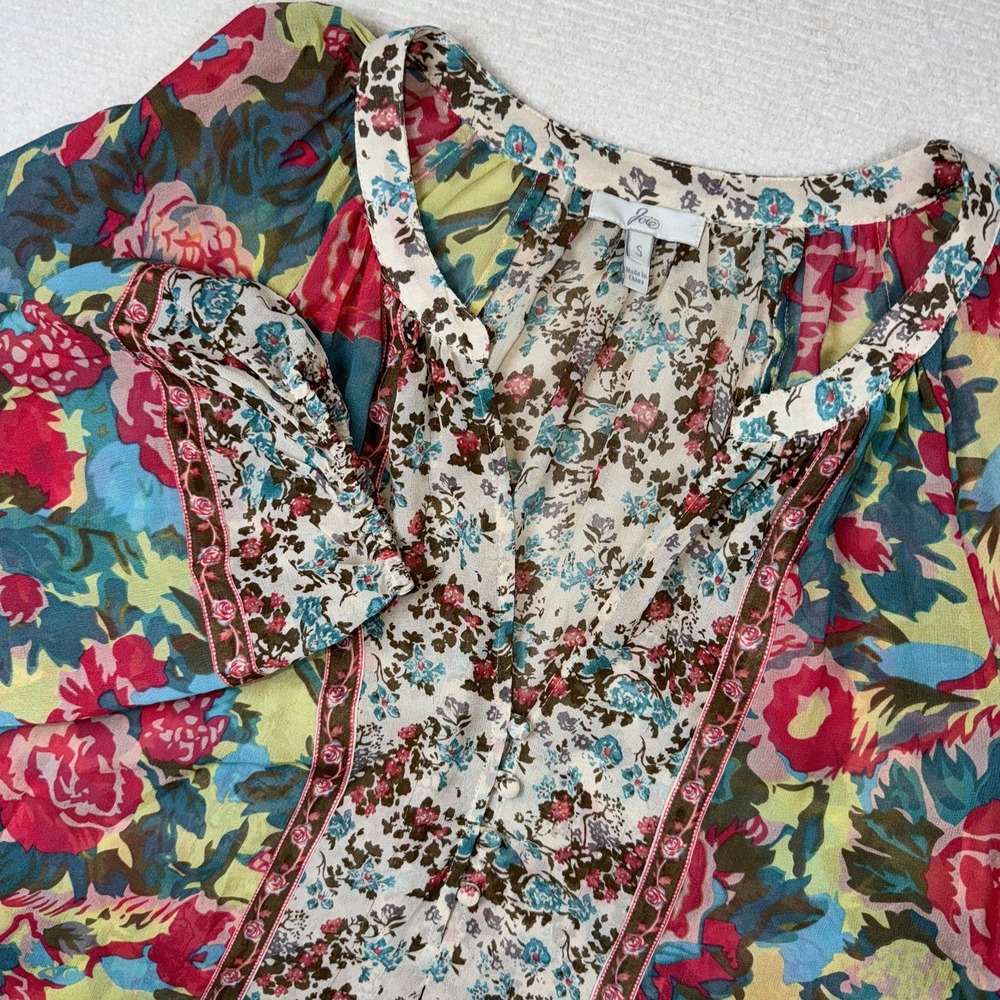 Joie Silk Blouse Women S Multicolor Mixed Floral Boho Split Neck B35-22106
